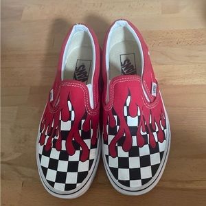 Vans Classic Slip On • Checkered Board With Red Drip Flames • Red / Blk / White